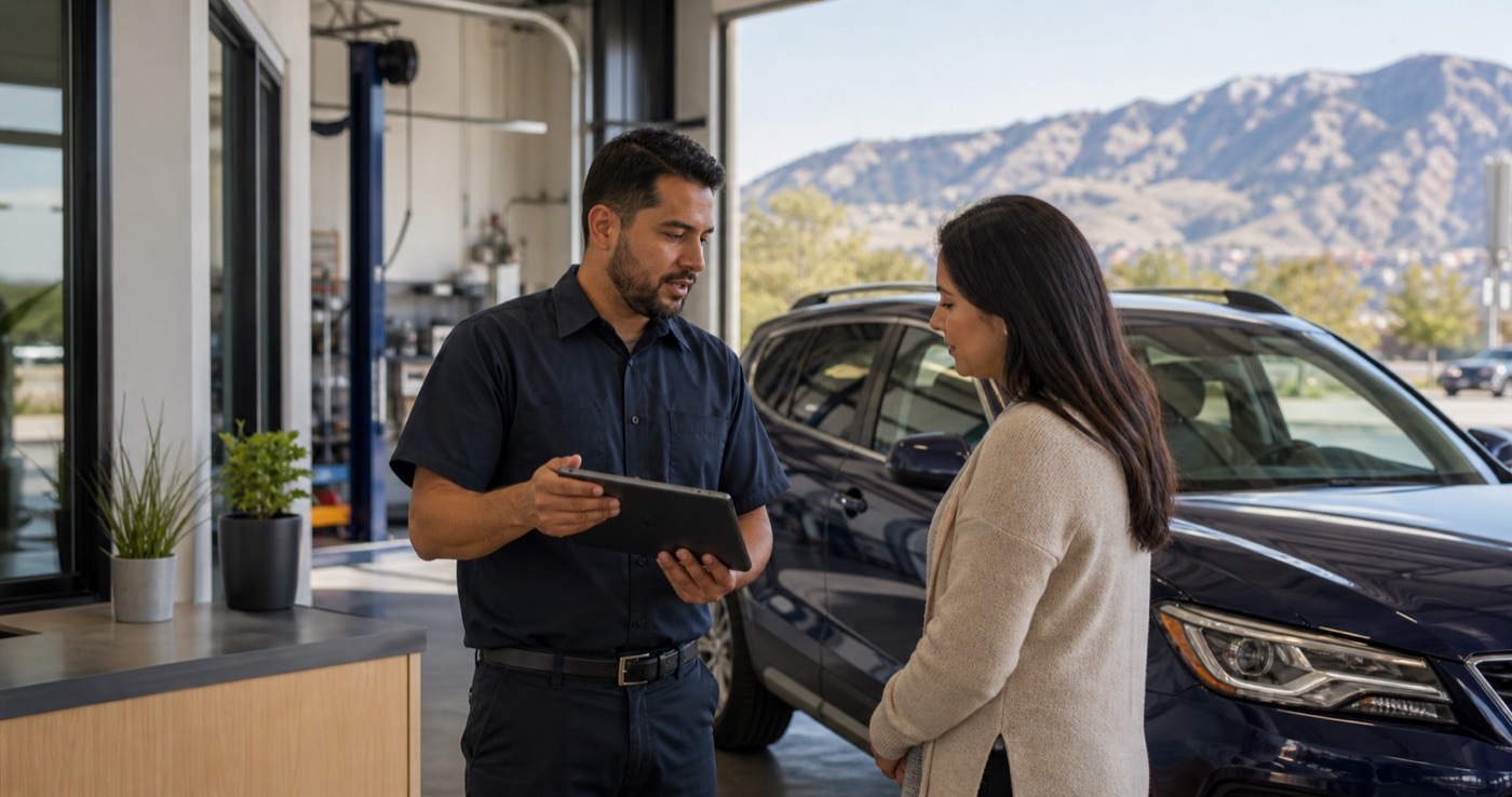 Automotive service professional explaining vehicle information to a customer